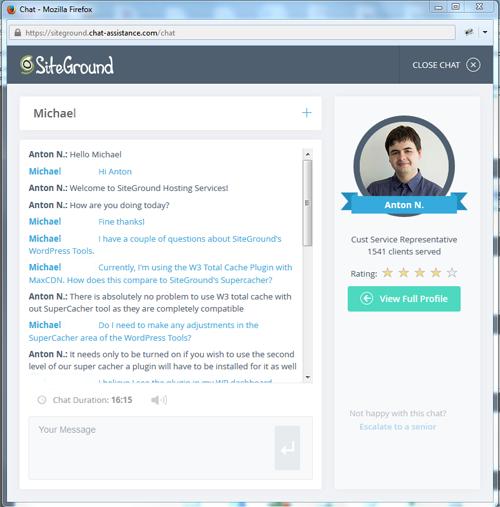 SiteGround Live Chat Support Sample